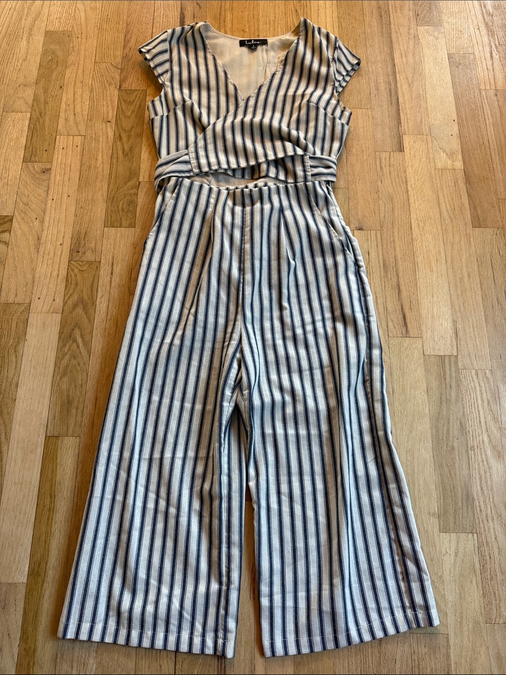 Striped Wide-Leg Jumpsuit - Blue and White tie back